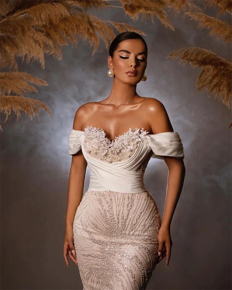 Ful Lace Mermaid Bridal Gowns Pearl Wedding Dress With Overskirts Sequins Off The Shoulder Custom Made Sweep Train Vestido De Novia 0219