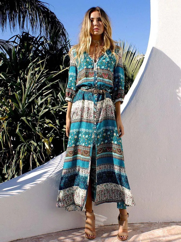 Vintage Boho Printed Long Dress Women Summer Casual 3/4 Sleeve V-Neck Split Beach Holiday Maxi Dress 240529