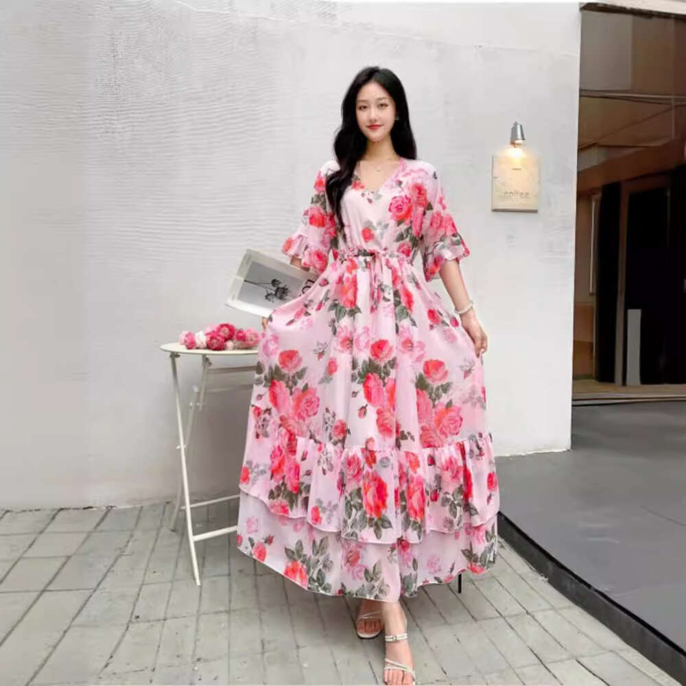 Summer New Ruffle Edge Style Fragmented Flower Slim Fit Waist Slimming Lace up Chiffon Short Sleeve Long Dress Vacation