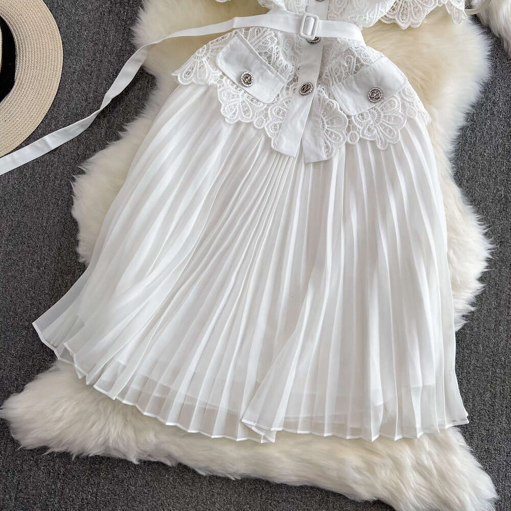 Summer luxury and socialite temperament short sleeved lapel with lace patchwork slim waist A-line pleated dress for women