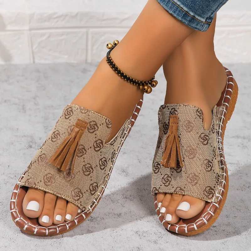 Womens Casual Beach Holiday Slippers 2024 Summer New Fashion Fringe Outdoor Flat Shoes Open Toe Sandals atos De Mujer SlidesL464