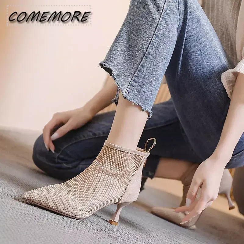 2024 Women's Mesh Sandals Boots Sexy Summer High Heels Holllow Out Breathable Casual Shoes Ankle Botas Back Zip Pointed Toe 240620