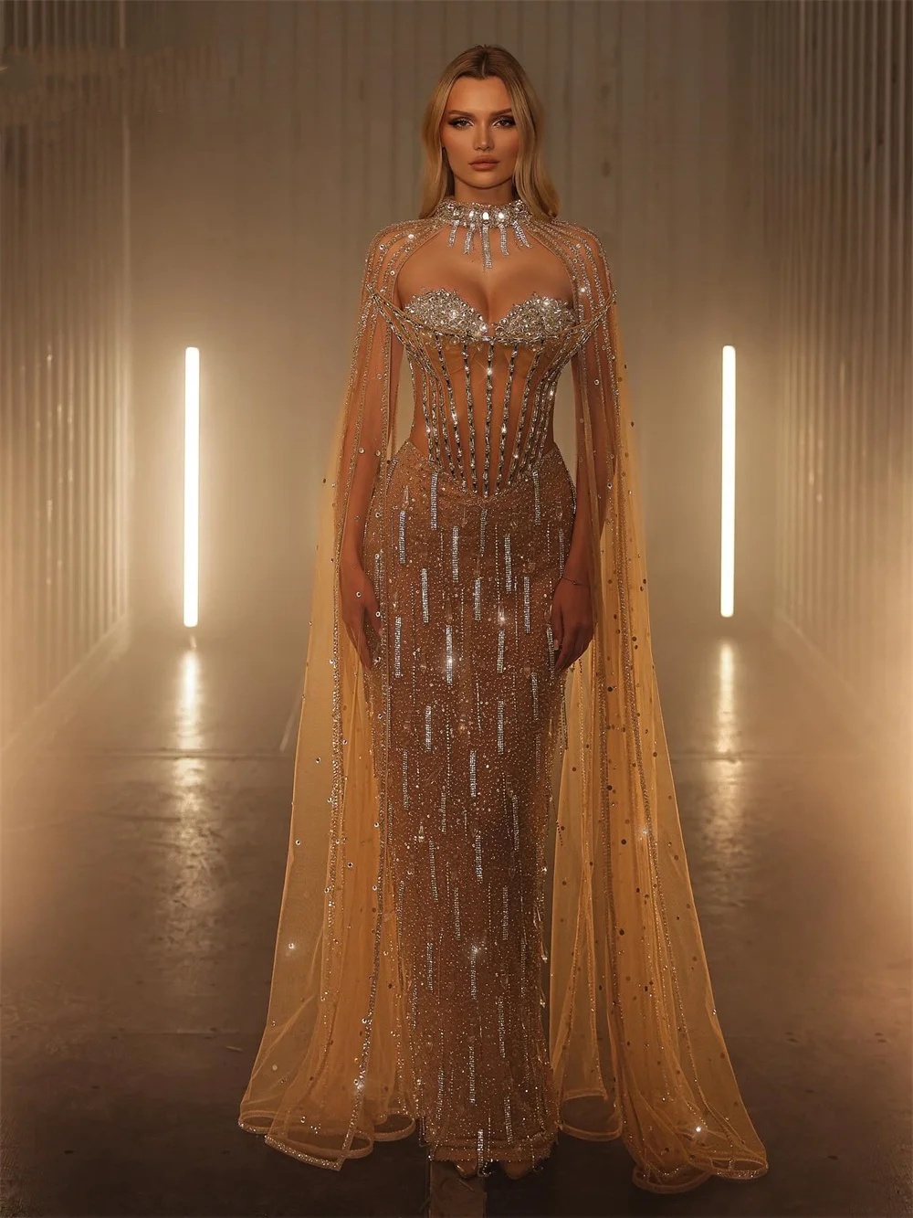 Exquisite Crystal Mermaid Bridal Gowns Strapless Wedding Dress with Cape Illusion See Through Sleeveless Custom Made Vestido de novia