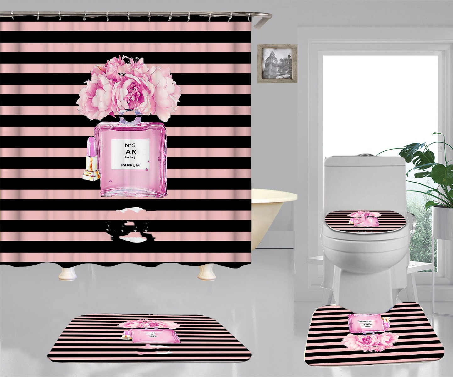 Quality Shower Curtain Polyester Waterproof and Mildew-Proof Shower Curtain Bathroom Waterproof Curtain Hanging Curtain Bathroom Three-Piece Set