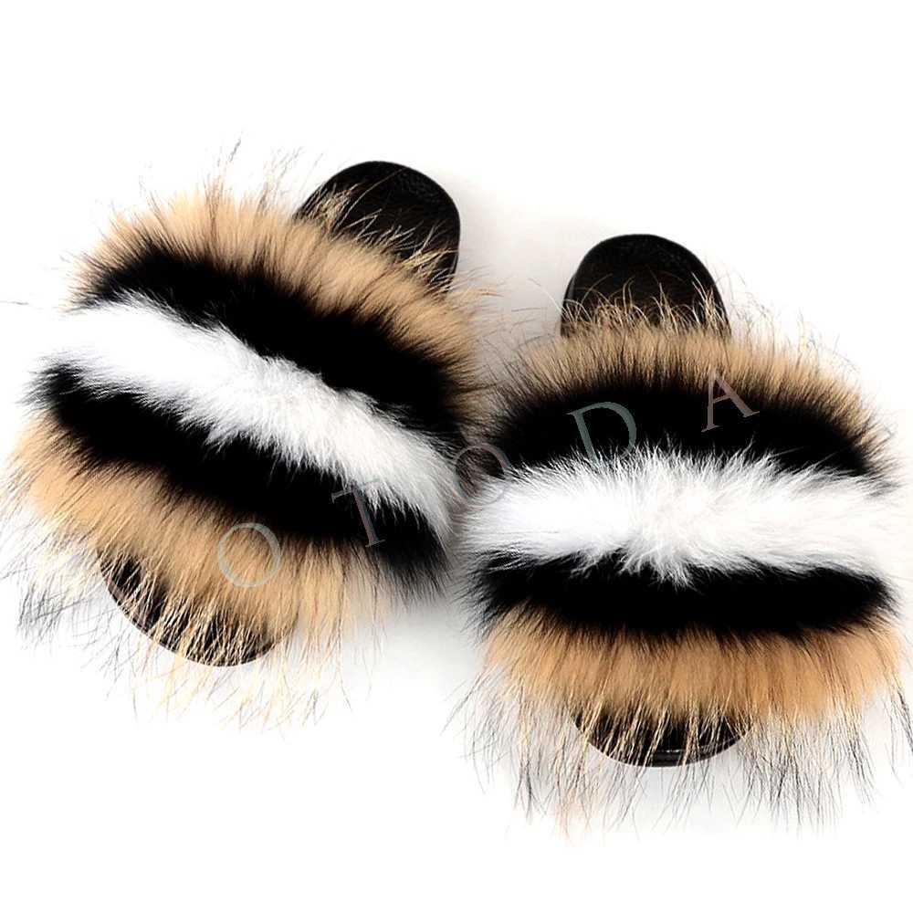 designer sandals Summer Women FurroomWoman Fluffy Raccoon Fox Fur Slides Female Furry Outside Flat Flip Flop Ladies Rainbow Slip On SandalsL464