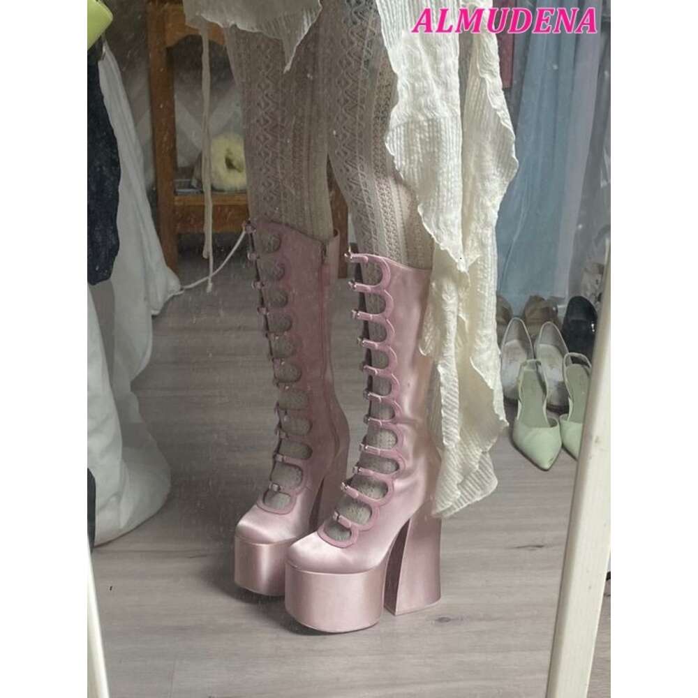 Pink Satin Platform Knee High Women Black Chunky Heel Buckled Zip Leather Boots Designer Big Size Cute Shoes