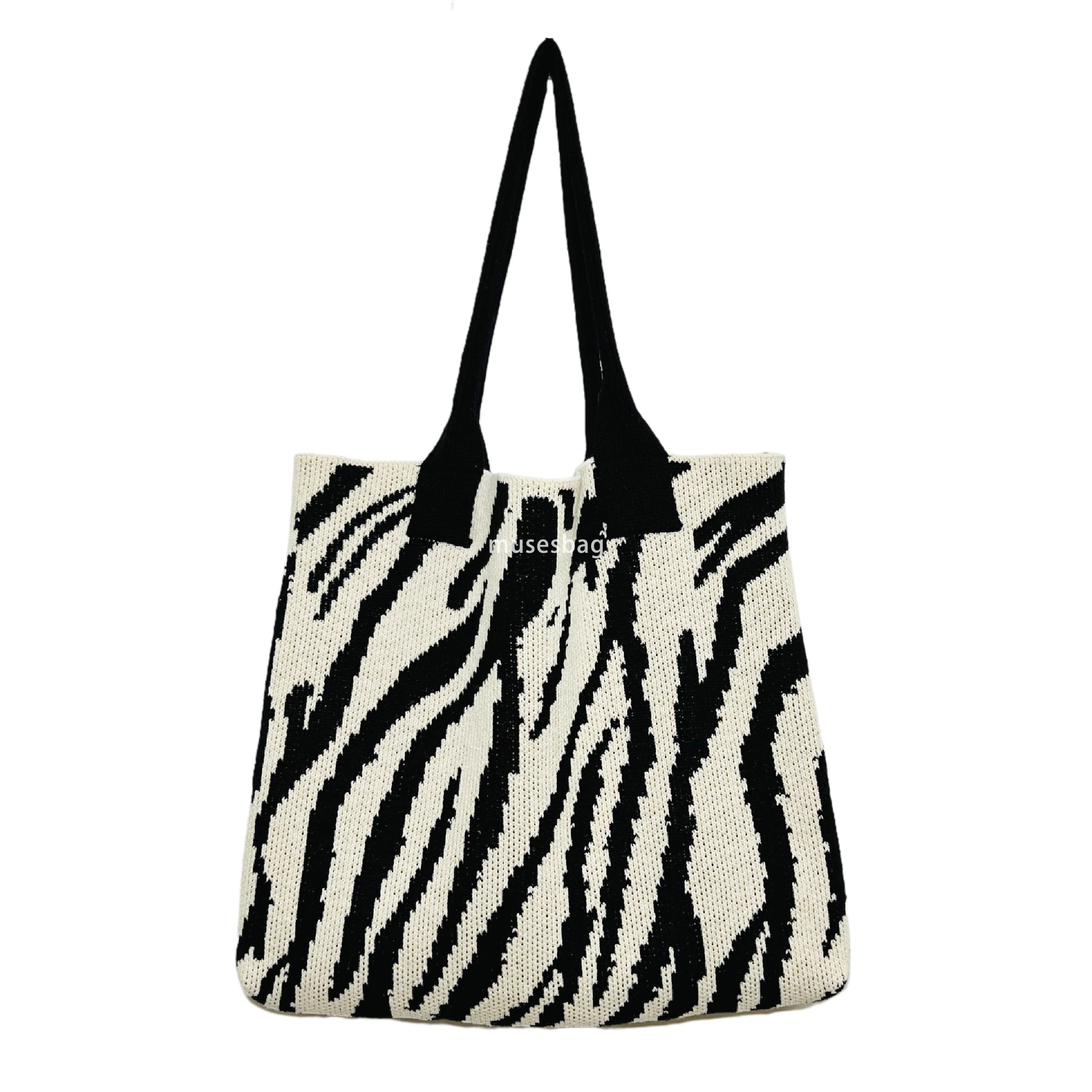 High quality new fashionable knitted bag woven bag black and white striped large capacity tote bag Bohemian shoulder bag women bag