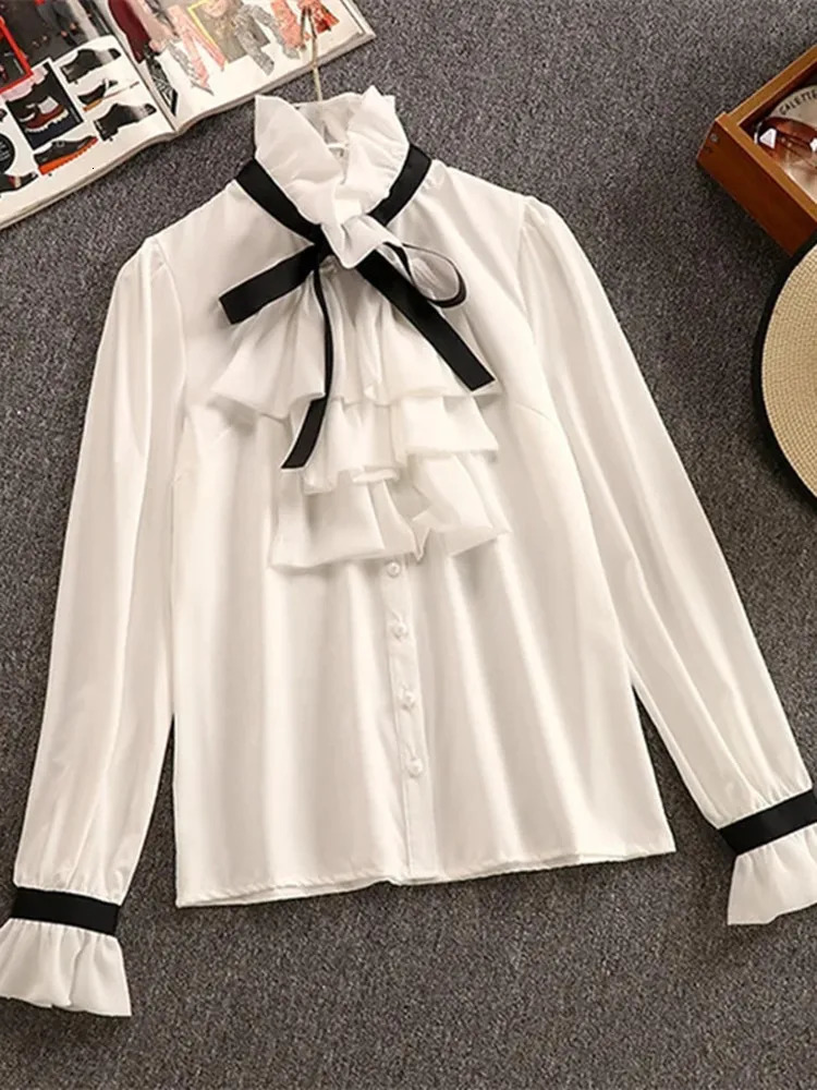 Autumn Winter 2 Piece Set Overalls Dress Women Elegant Ruffles Chiffon Bow Shirt TopDouble Breasted Plaid Tweed Vest Dress 240529