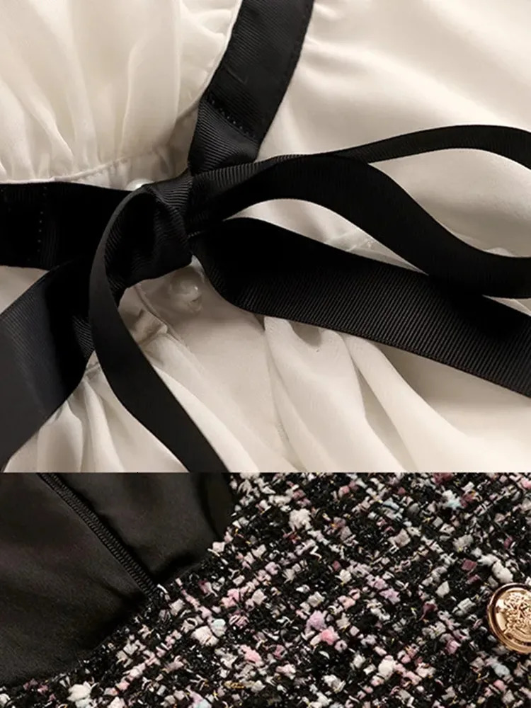 Autumn Winter 2 Piece Set Overalls Dress Women Elegant Ruffles Chiffon Bow Shirt TopDouble Breasted Plaid Tweed Vest Dress 240529