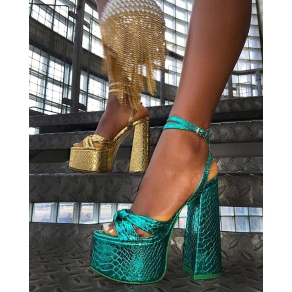 Gold Heels For Women Bow Knot Metalic Fashion Chunky Block Heel Ankle Strap Platform Sandals 2023 Summer New