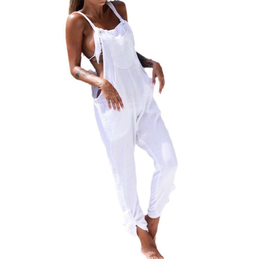 24ss Solid color wide leg jumpsuit autumn casual beach pants for women