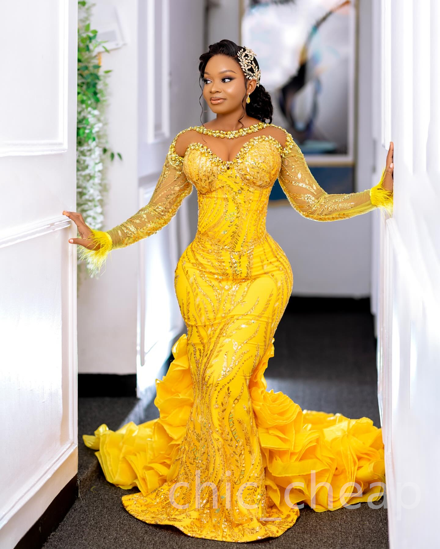 2024 Aso Ebi Plus Size Yellow Mermaid Prom Dress Lace Crystals Evening Formal Party Second Reception 50th Birthday Engagement Thanksgiving Gowns Dress