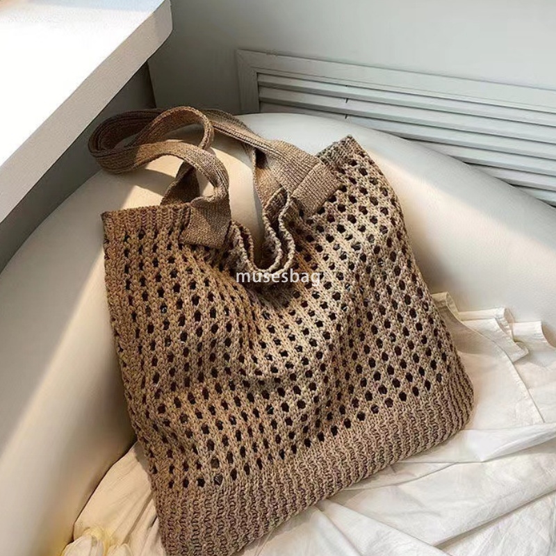 Korean Chic Hollow Knitted Bag Art Minimalist Knitted Bag Tote Bag Handheld Shopping Bag Fishing Net Bag Single Shoulder Bag