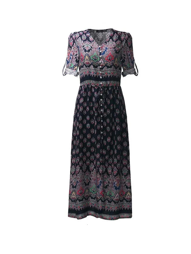 Vintage Boho Printed Long Dress Women Summer Casual 3/4 Sleeve V-Neck Split Beach Holiday Maxi Dress 240529