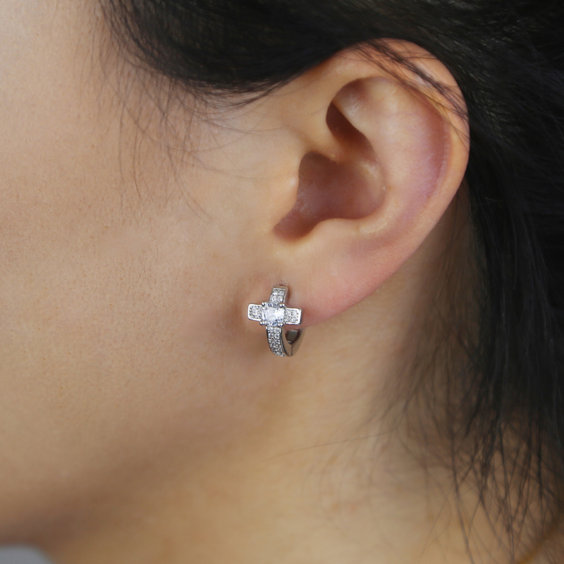 Hip Hop Sier Cross Hoop Earrings | High-Quality Cubic Zirconia Ear Jewelry for Women Men