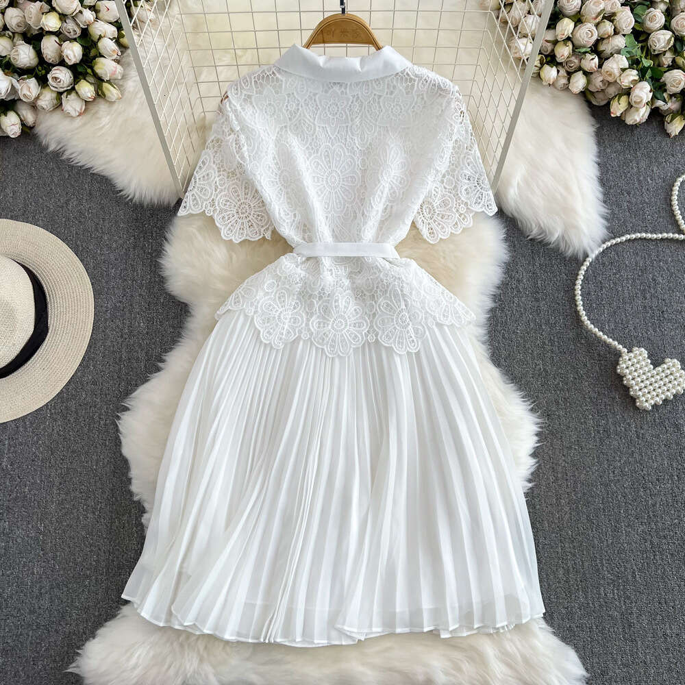 Summer luxury and socialite temperament short sleeved lapel with lace patchwork slim waist A-line pleated dress for women