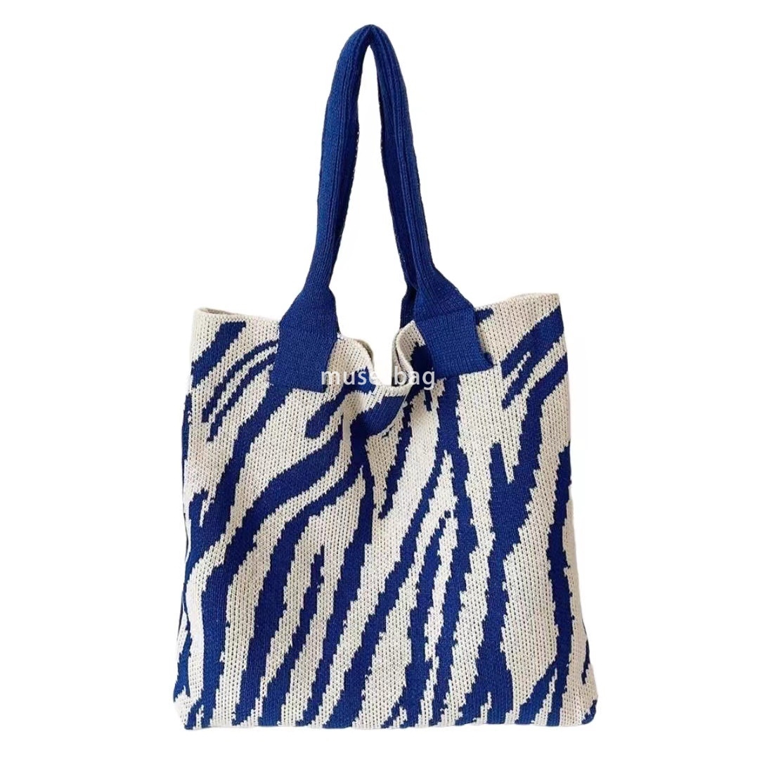 High quality new fashionable knitted bag woven bag black and white striped large capacity tote bag Bohemian shoulder bag women bag