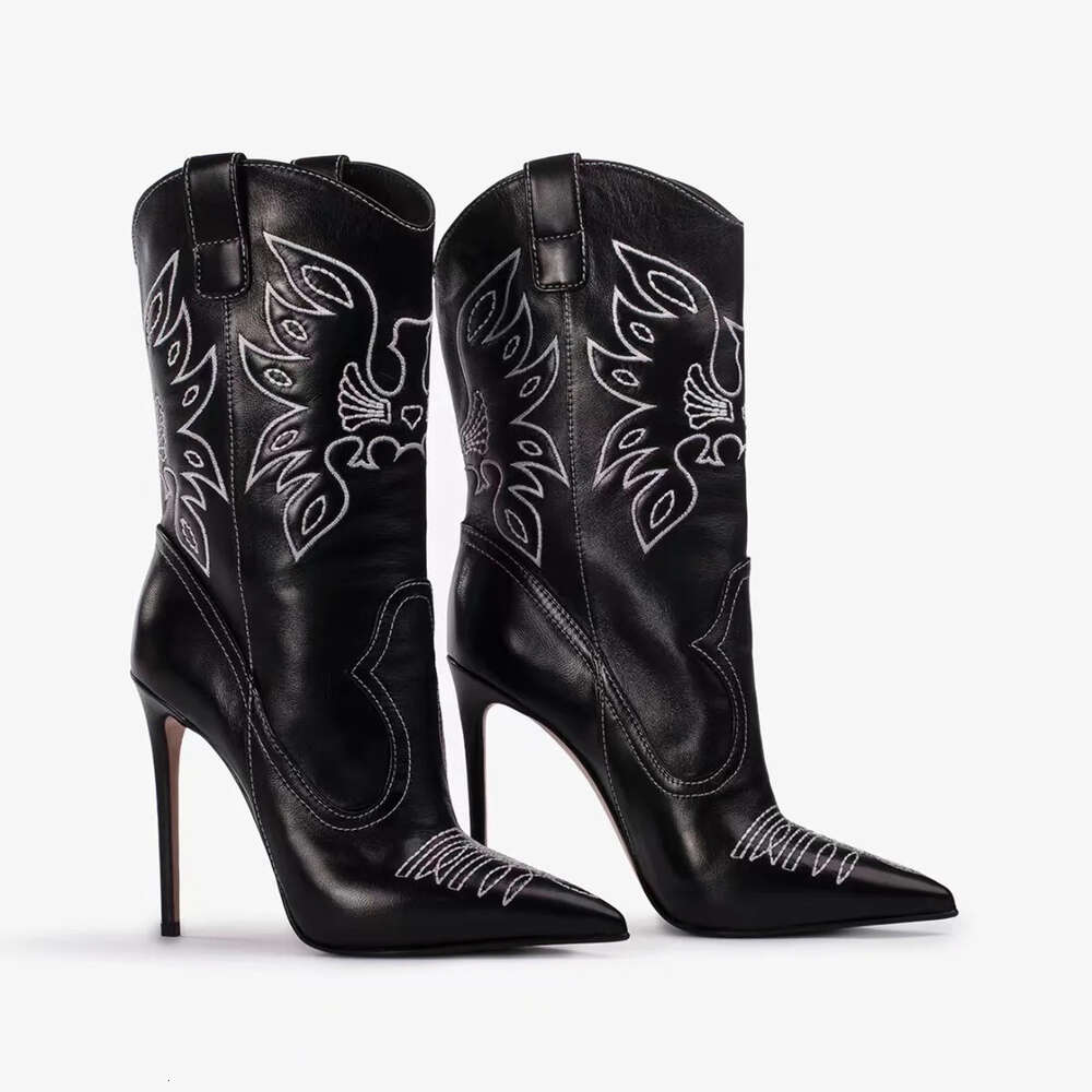 2025 new Western Style Slim High Heeled Pointed Embroidery Cowboy Boots With Short Sleeves Sexy Knight Shoes For Women 4