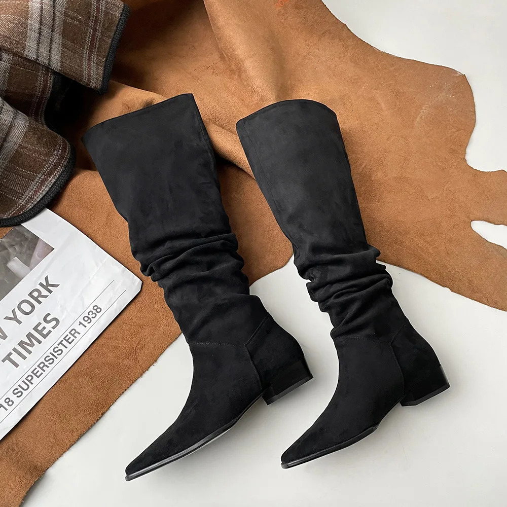 Womens knee high boots womens sliding on simple pleated suede winter Botas large circle spring and autumn womens elastic boots 240607