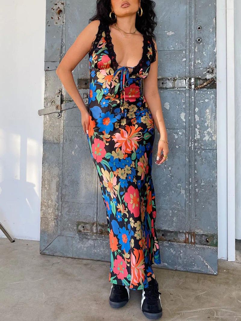 Casual Dresses Women Floral Lace Sleeveless Y2k Long Dress Deep V Neck Boho Print Maxi Summer Party Sundress