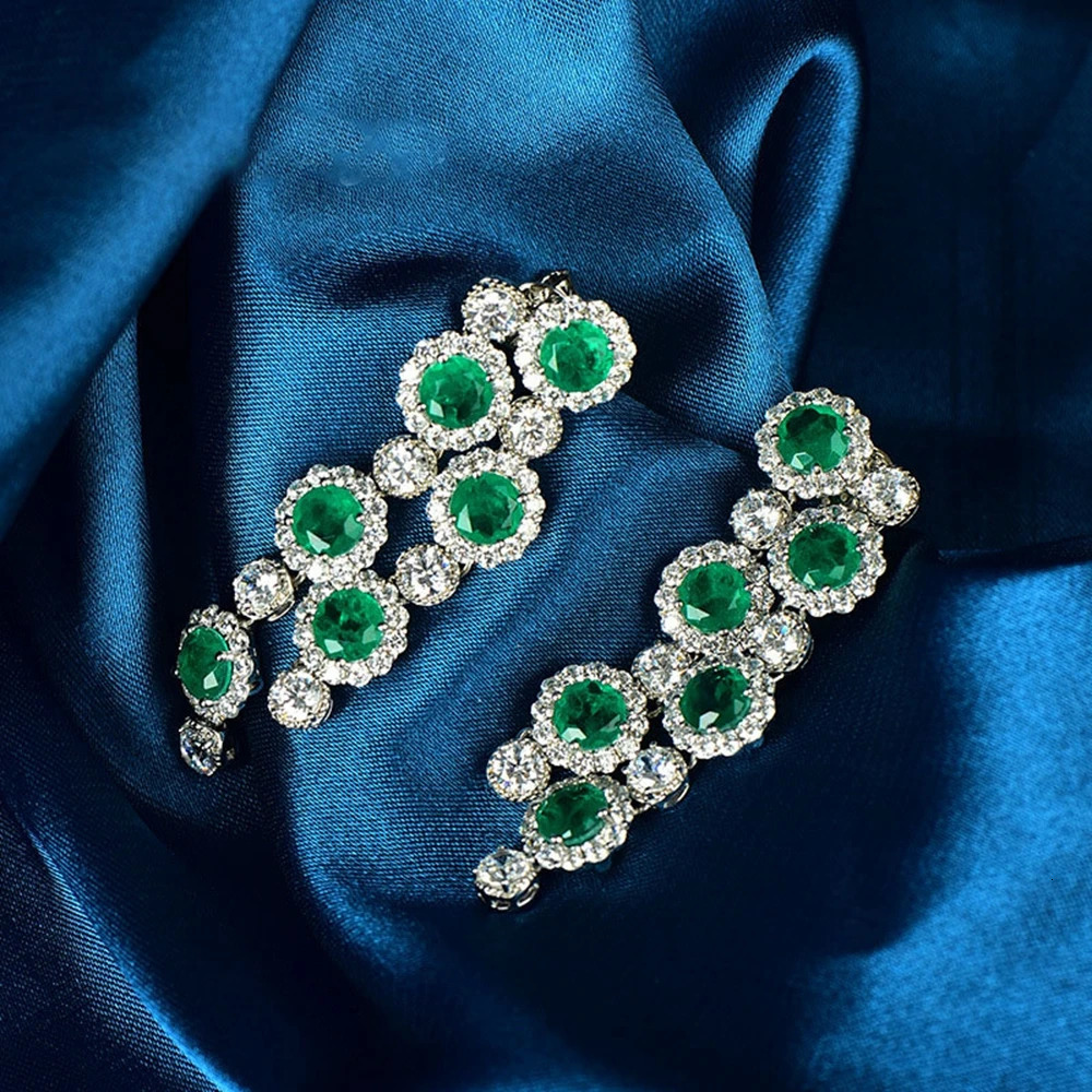 Wong Rain 925 sterling silver round cut jadeite high carbon diamond gemstone double row tassel pendant earrings 240523