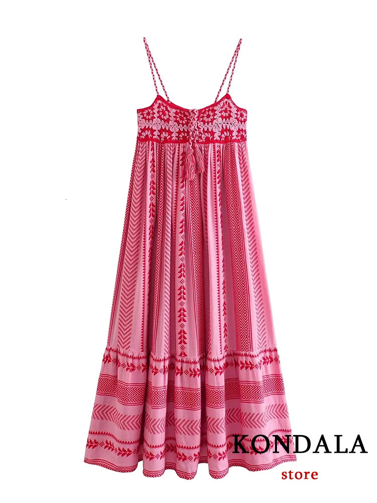 KONDALA Boho Wer Print Knit Corset Long Cami Women Bow Tie Embroideried Ruffles Beach Fashion Summer Dress 2409