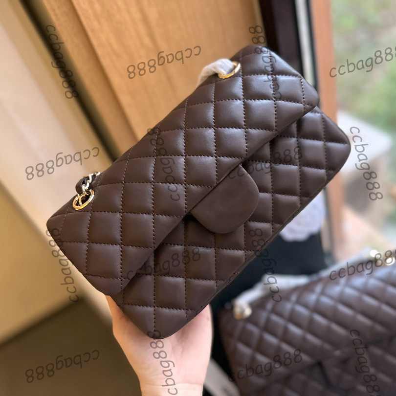 23cm/25cm Womens Chocolate Lambskin Classic Double Flap Quilted Medium Bags Gold/Silver Metal Hardware Matelasse Chain Crossbody Handbags Multi Pochette
