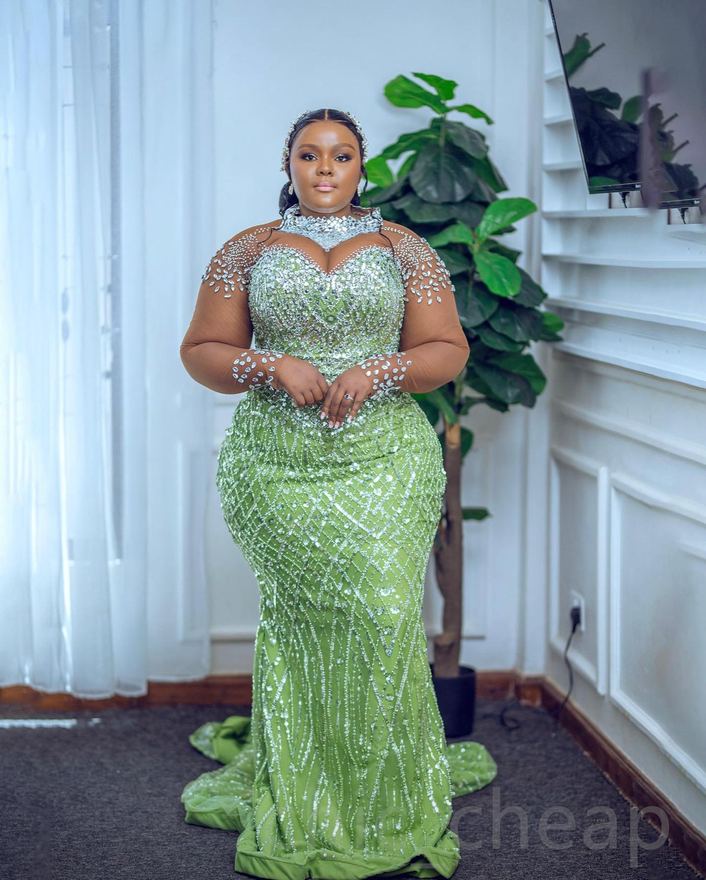 2024 Aso Ebi Plus Size Green Mermaid Prom Dress Crystals Sequined Evening Formal Party Second Reception 50th Birthday Engagement Thanksgiving Gowns Dr