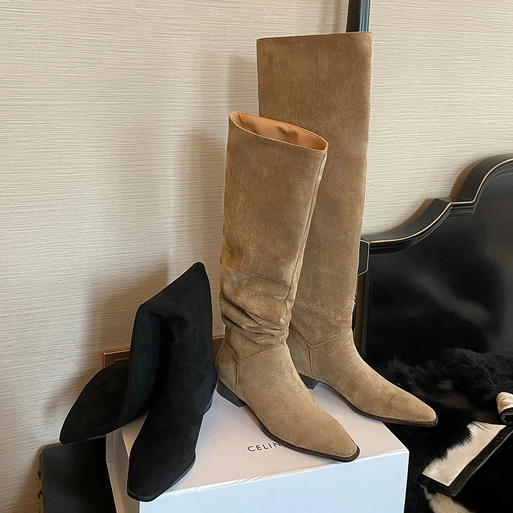 Womens knee high boots womens sliding on simple pleated suede winter Botas large circle spring and autumn womens elastic boots 240607