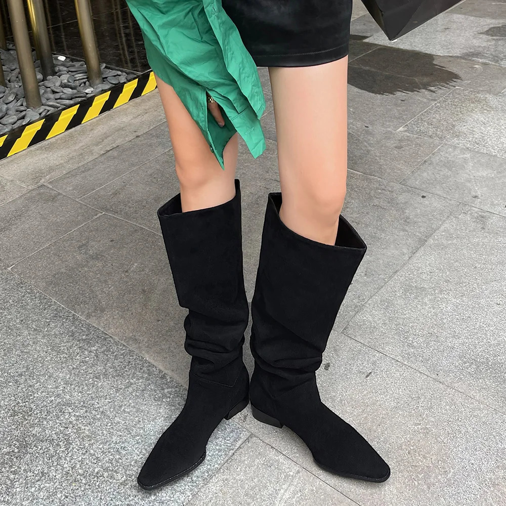 Womens knee high boots womens sliding on simple pleated suede winter Botas large circle spring and autumn womens elastic boots 240607
