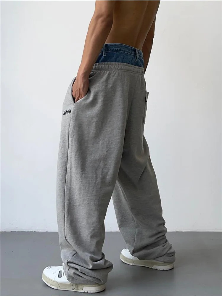 HOUZHOU Hip Hop Grey Sweatpants Sports Pants Button Jean Elastic Waist Pants Loose Trousers Y2K Casual Sportwear Pants Joggers 240527