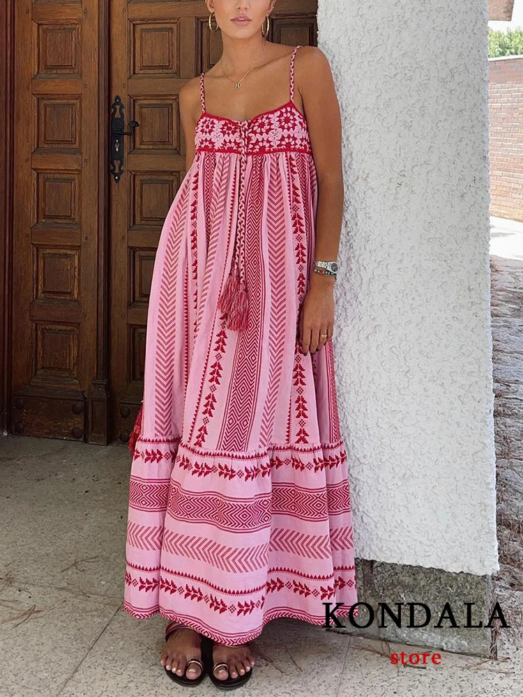 KONDALA Boho Wer Print Knit Corset Long Cami Women Bow Tie Embroideried Ruffles Beach Fashion Summer Dress 2409