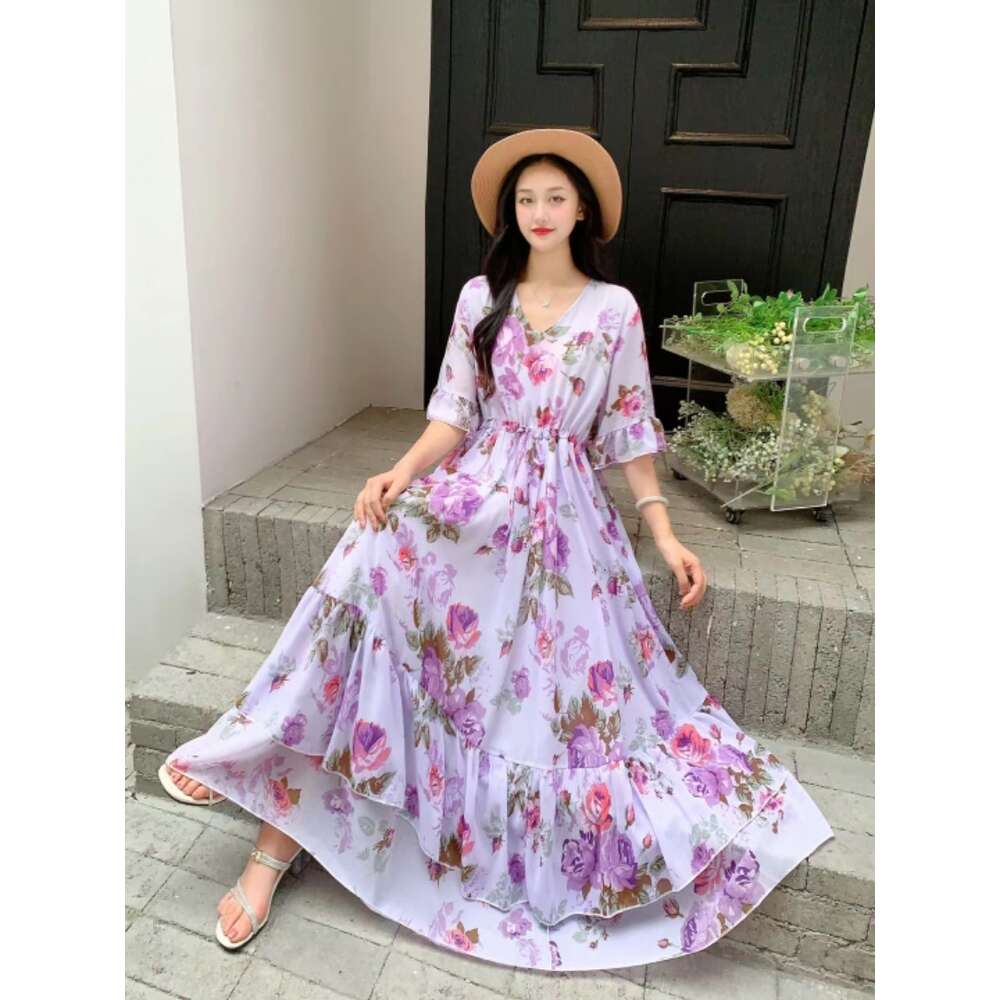 Summer New Ruffle Edge Style Fragmented Flower Slim Fit Waist Slimming Lace up Chiffon Short Sleeve Long Dress Vacation