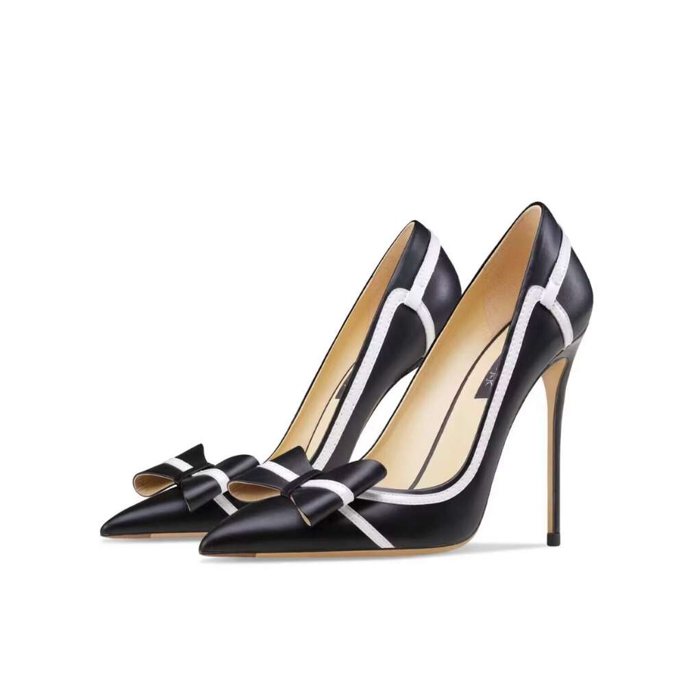 Genuine Leather Black Bow High Heels For Women's 2023 New Slim Heeled Pointed Shallow Cut French Sexy Color Matching Single Shoe