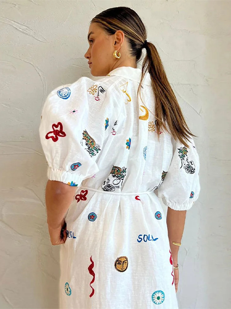Women Chic Graffiti Print Lace Up Midi Dress Elegant Lapel Lantern Short Sleeve Dresses Female Casual Vacation Vestidos 240603