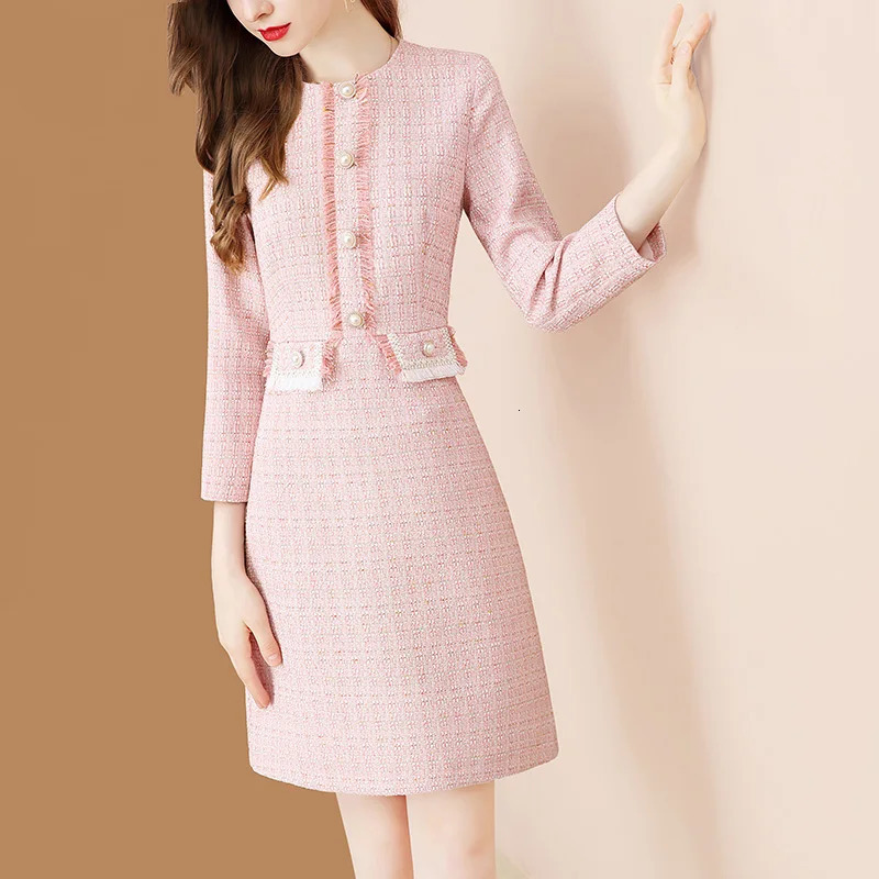 EVNISI Pink Spring Women Dress Knitted Elegant Bodycon Dresses Wrist Sleeve Tweed Patchwork For Women Office Vestidos 240529