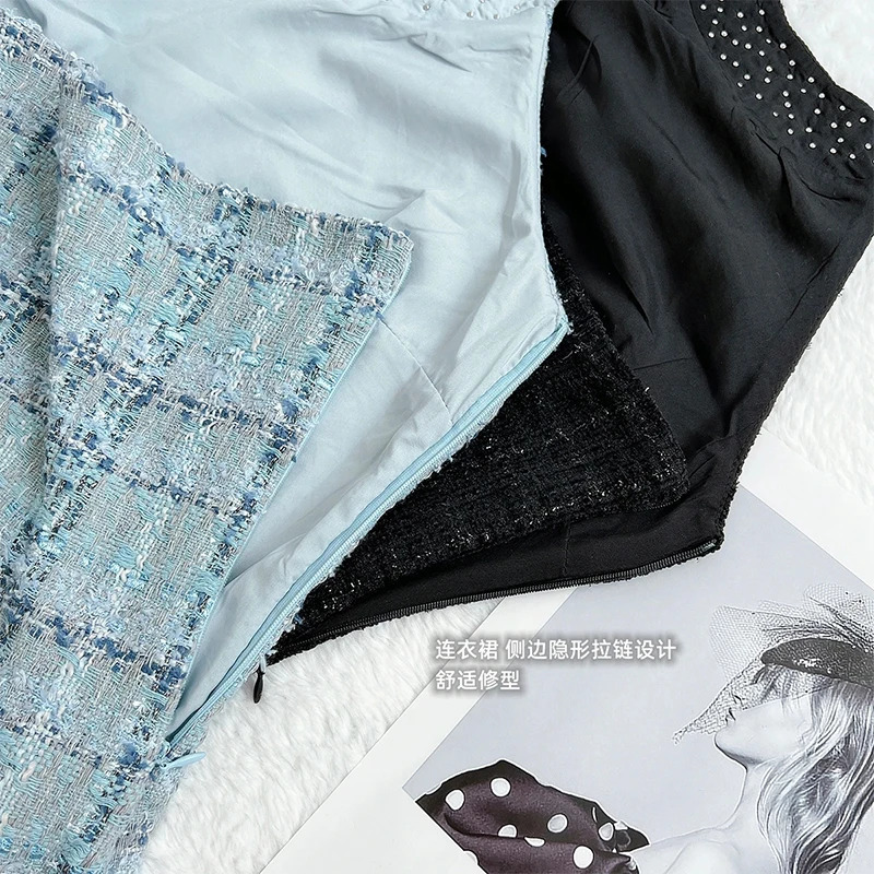 Small Fragrance Fashion Beads Tweed Sexy Slim Halter Sleeveless Bodycorn Dress Korean Elegant Slim Waist Mini Dresses 240529