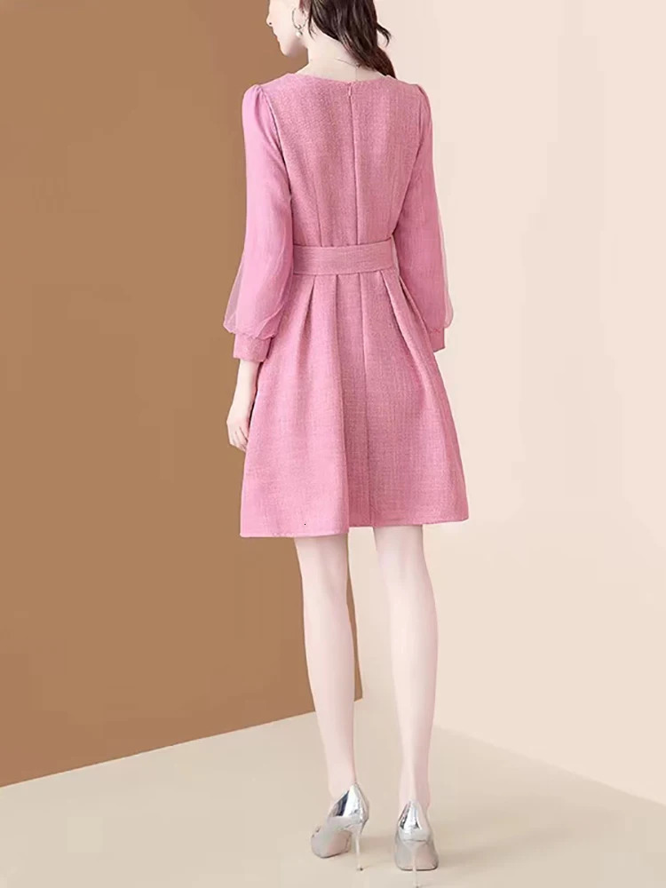 EVNISI Elegant Solid Tweed Dress With Belt Women Square Collar Diamonds Shiny Bee Brooch Vintage Dresses Office Lady Vestidos 240529