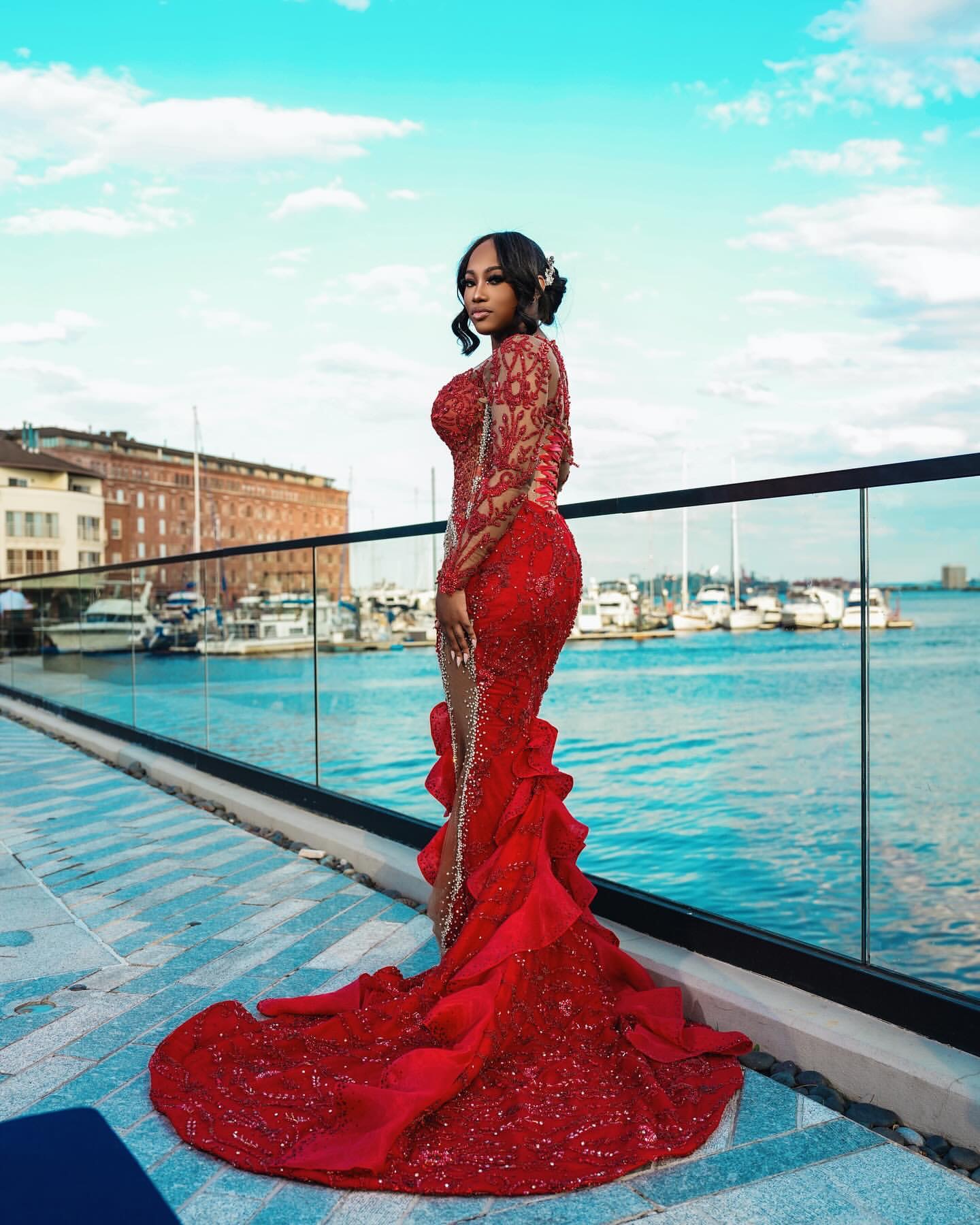 2024 Aso Ebi Plus Size Red Mermaid Prom Dress Lace Beaded Vintage Evening Formal Party Second Reception 50th Birthday Engagement Thanksgiving Gowns Dr