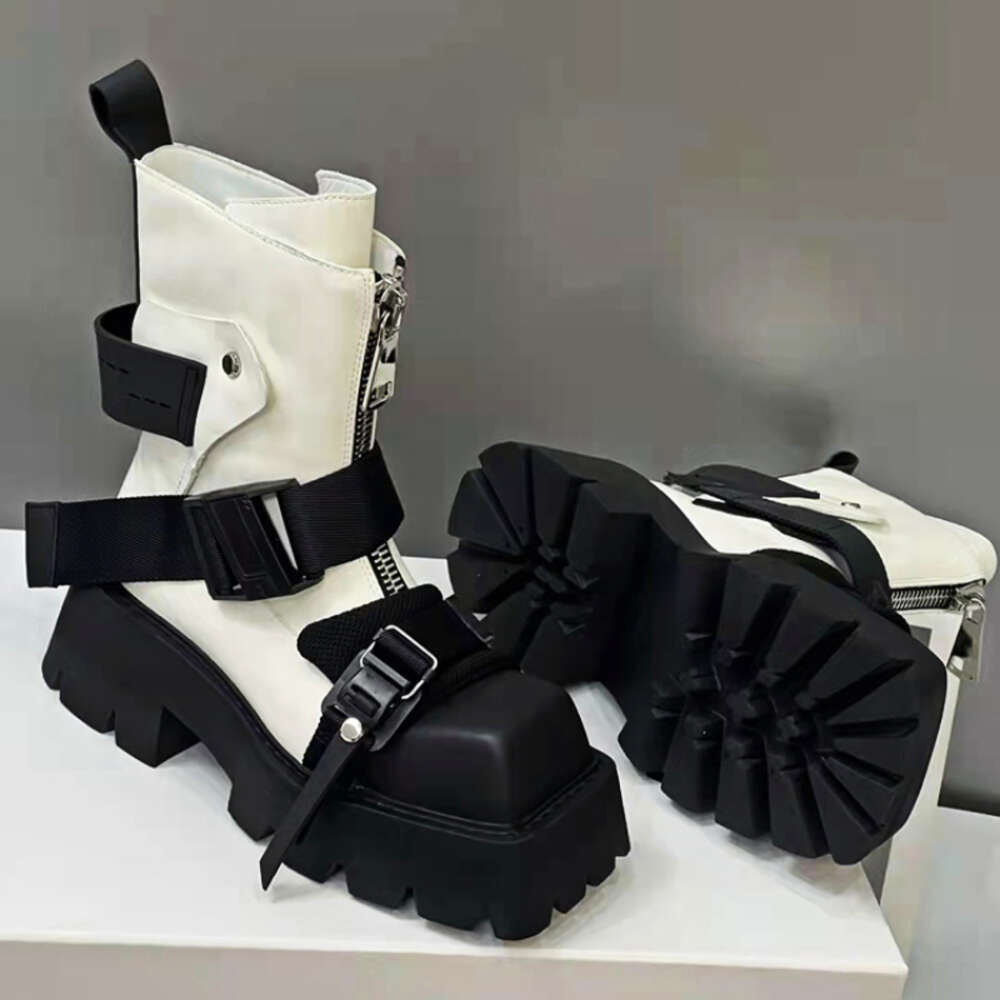 Genuine Leather Women 2024 Tube Platform Belt Buckle Design Cool Biker Botas Square Thick Bottom Head Ankle Boots