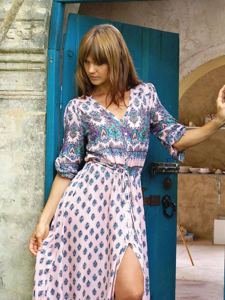 Vintage Boho Printed Long Dress Women Summer Casual 3/4 Sleeve V-Neck Split Beach Holiday Maxi Dress 240529