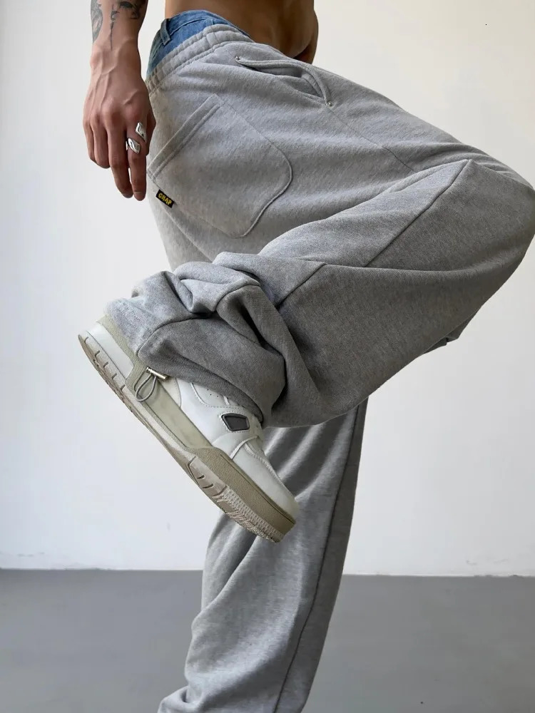 HOUZHOU Hip Hop Grey Sweatpants Sports Pants Button Jean Elastic Waist Pants Loose Trousers Y2K Casual Sportwear Pants Joggers 240527