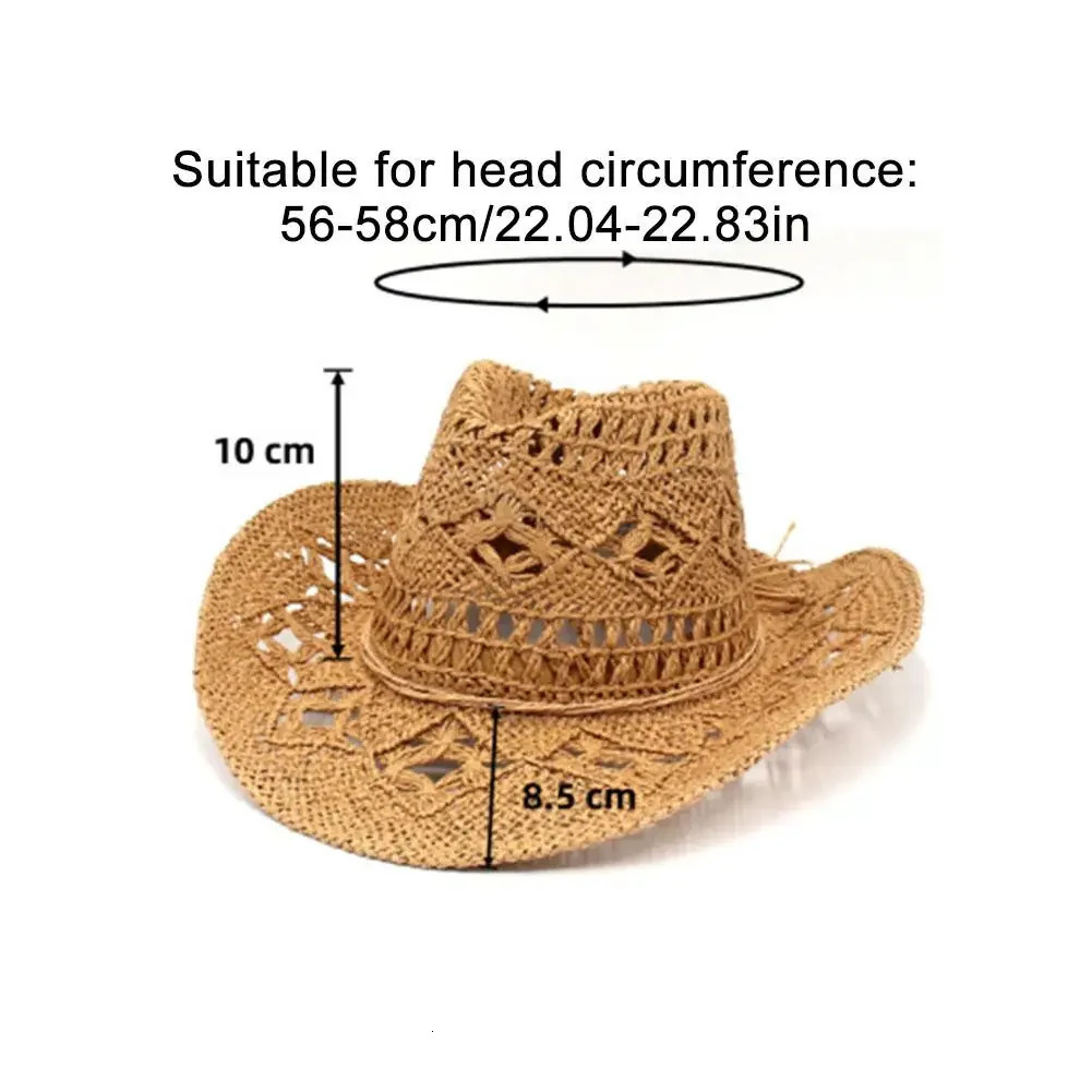 Summer Outdoor Men Women Handwoven Western Cowboy Straw Hats Wide Brim Breathable Beach Jazz Cap Sun Protection Hat 240604