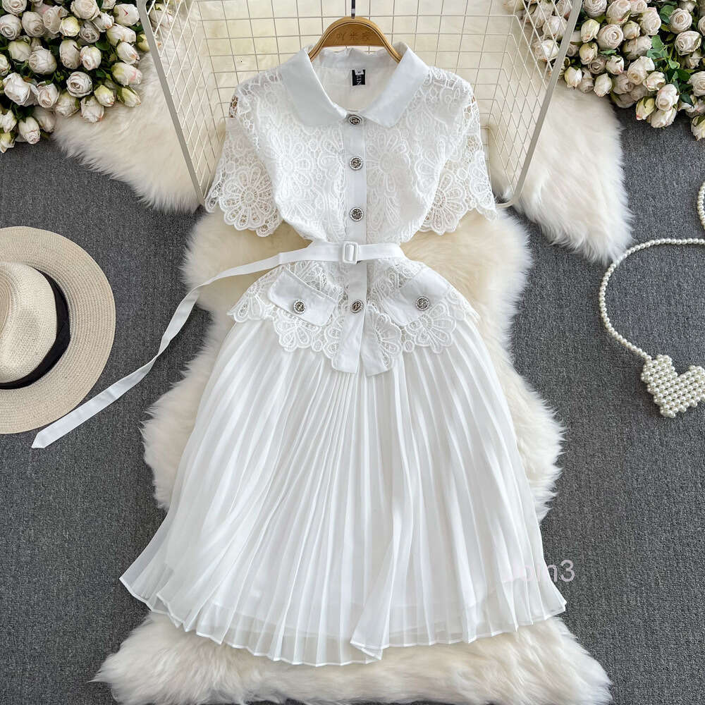Summer luxury and socialite temperament short sleeved lapel with lace patchwork slim waist A-line pleated dress for women