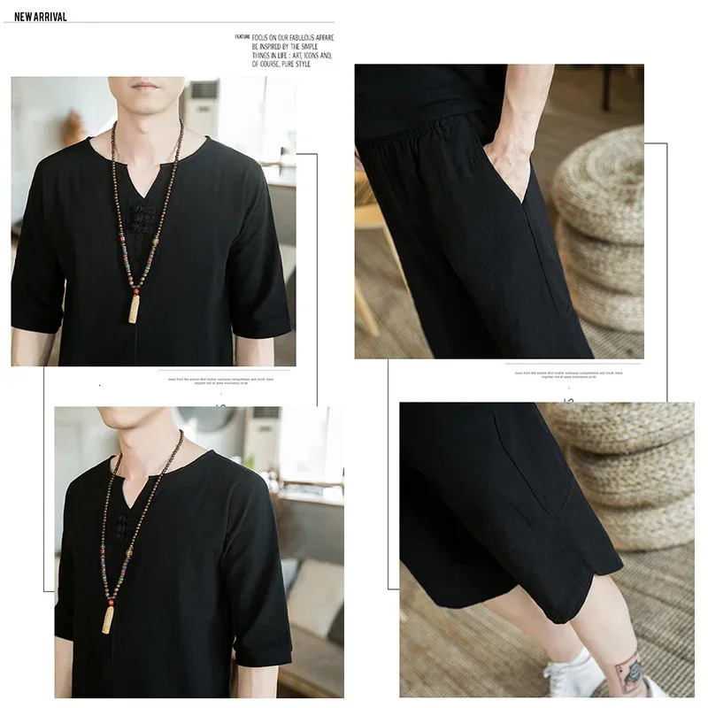 Linen T-shirt Mens Oversized Loose Comfortable Cropped Sleeves Trendy Spring/summer Casual Set Chinese Style 240530