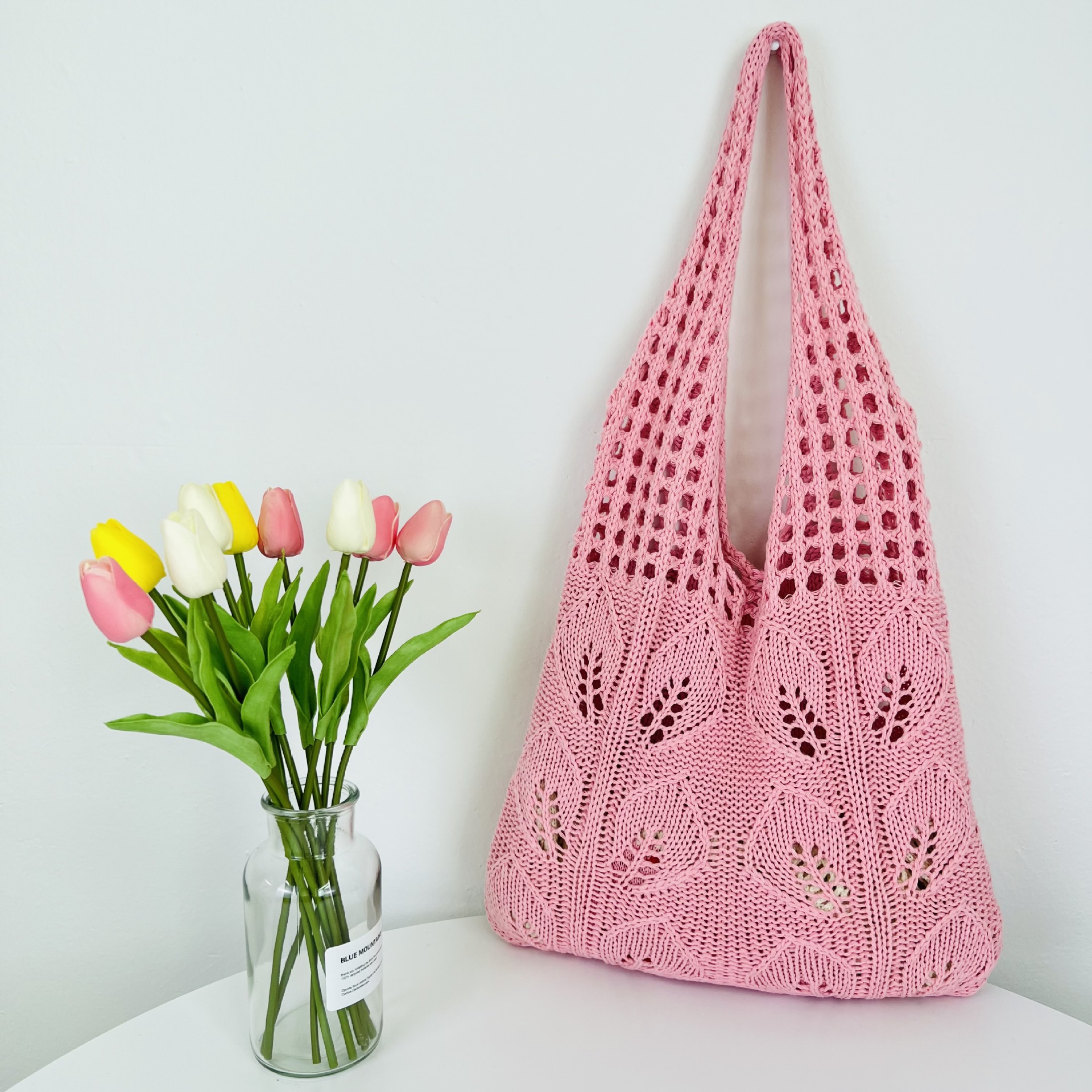 New leaf shaped handbag from Japan and South Korea large capacity tote bag solid color crossbody bag knitted bag hollowed out bag single shoulder bag 