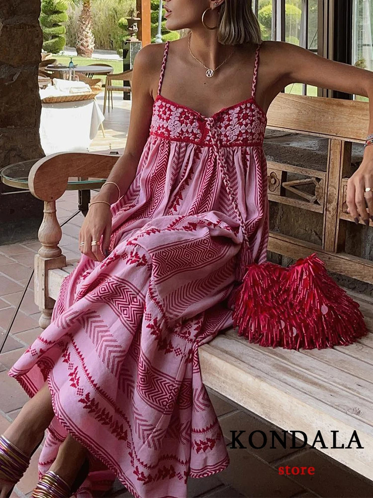KONDALA Boho Wer Print Knit Corset Long Cami Women Bow Tie Embroideried Ruffles Beach Fashion Summer Dress 2409
