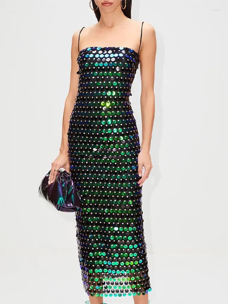 Casual Dresses Sequin Color Contrast Evening Dress For Ladies Sexy Backless Halter Off Shoulder Bodycon Midi Female Chic Party Vestido
