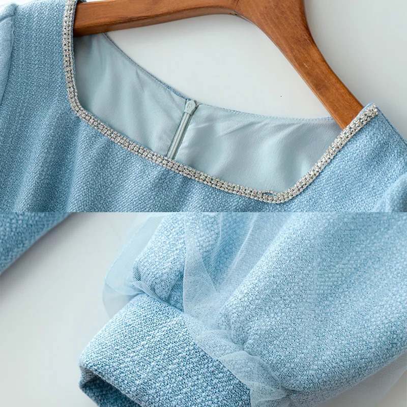 EVNISI Women Diamonds Shiny Bee Brooch Dresses Square Collar Elegant Solid Tweed Dress For Women Casual Office Lady Vestidos 240529