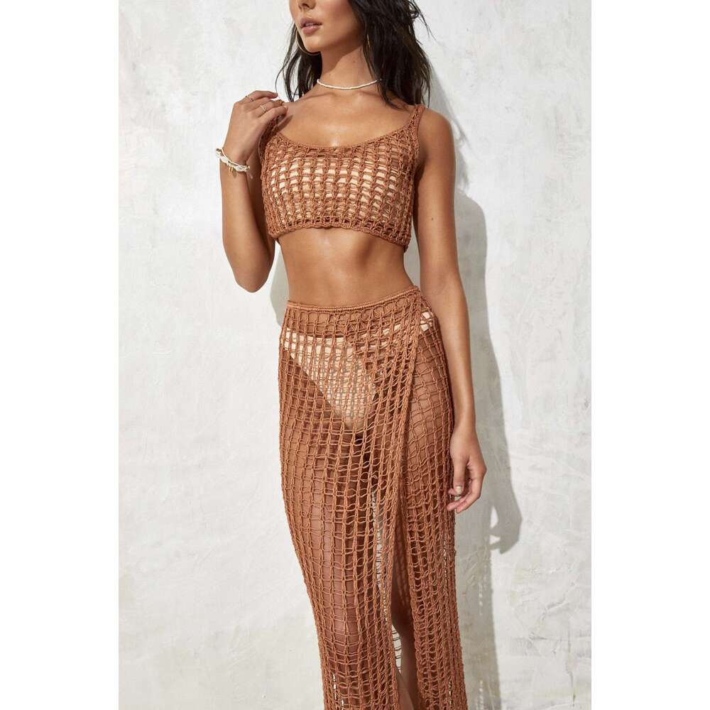Womens hollowed out short style exposed navel knitted sweater vest with slit sexy perspective beach long skirt knitted set